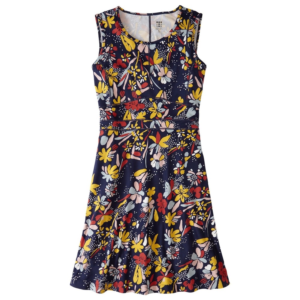 Title Nine Dream Floral Fit and Flare Dress Large Navy Blue Buttah Performance